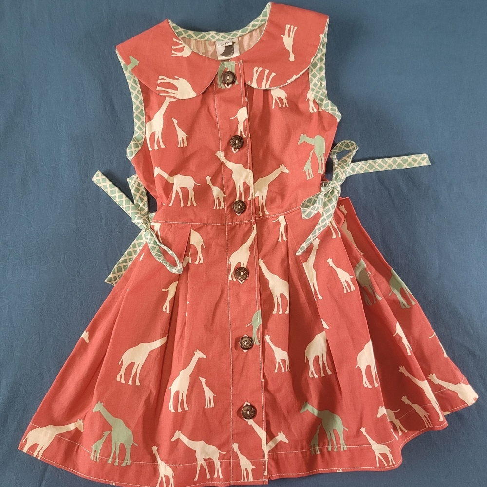 3-4Y Girls Side Tie Preppy Giraffe Print Dress